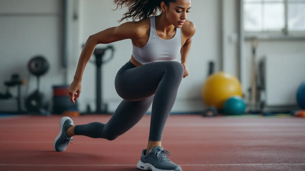 Athletic woman in a low sprint start position on a red gym floor, torso forward, one knee driving up, stability balls visible in background.