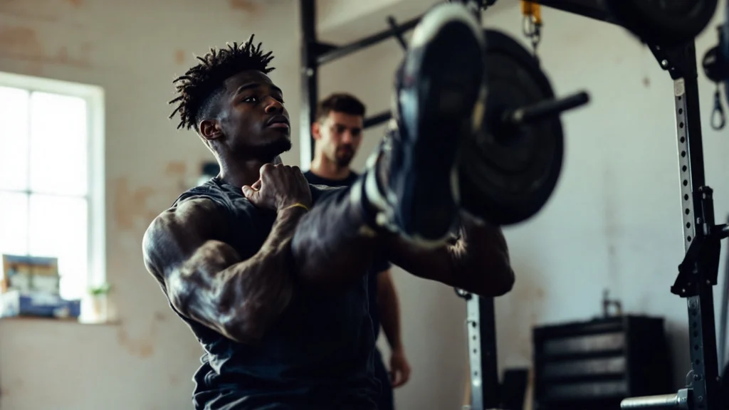 Muscular man performing a barbell clean, catching the bar in front-rack position, with a spotter standing behind in a garage gym.