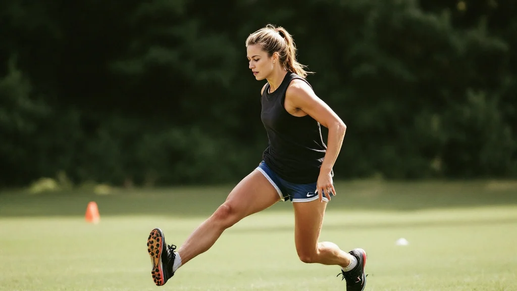 Female athlete in cleats and Nike shorts sprinting at full stride on a grass field during an outdoor speed training session.