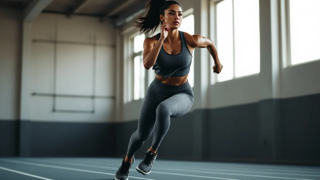 Muscular woman in gray sports bra and leggings sprinting at full speed on an indoor blue running track.