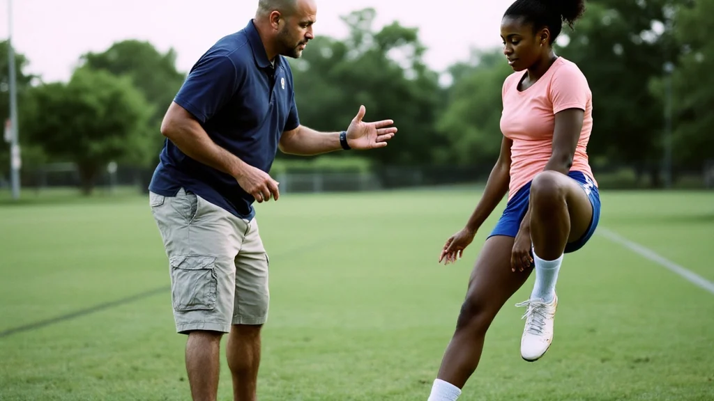 A coach gestures toward a female athlete performing a high-knee drill on a grass soccer field during an outdoor training session.