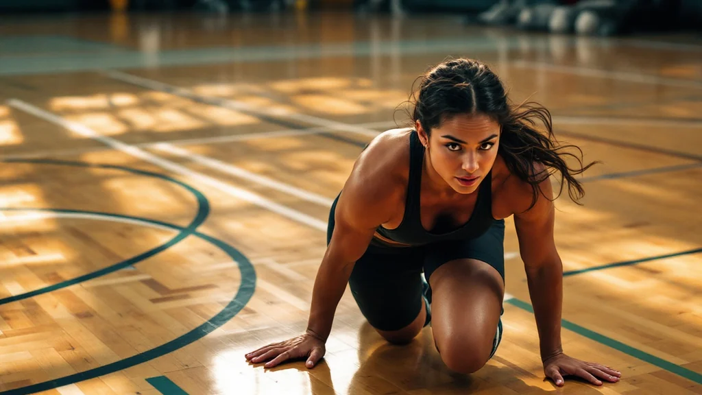 Woman in black sports bra and shorts holds a bear crawl position on a hardwood gymnasium court, looking directly at camera.
