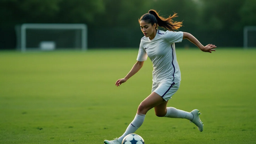 Female soccer player in white Nike kit striking a ball on a grass pitch at dusk, with a goal visible in the background.