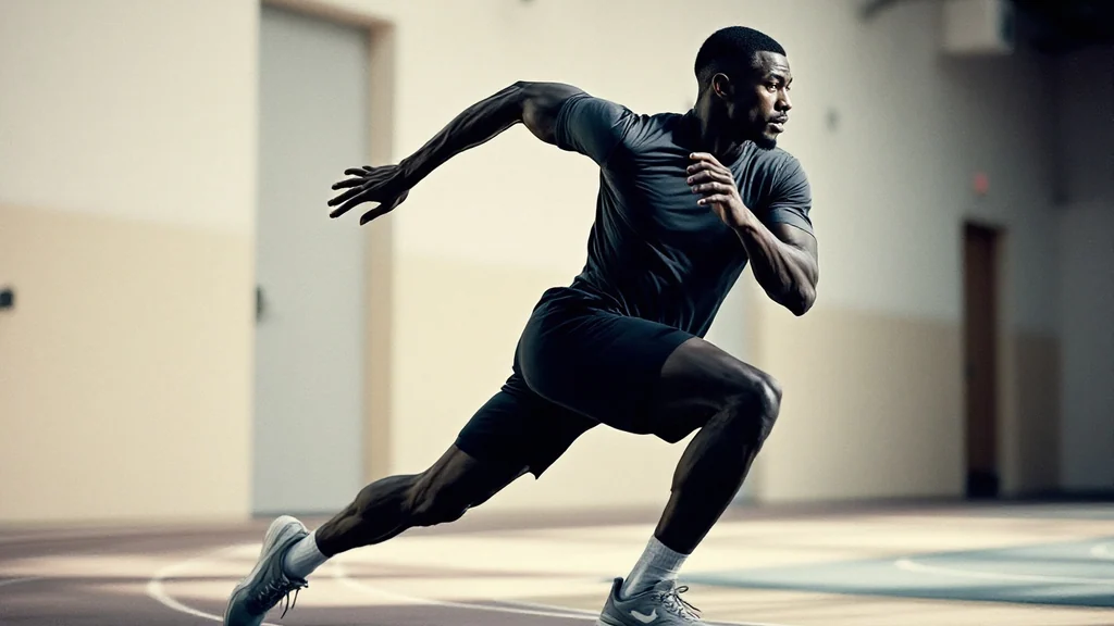 Male athlete in black compression gear explosively sprinting in a low drive phase on an indoor running track.