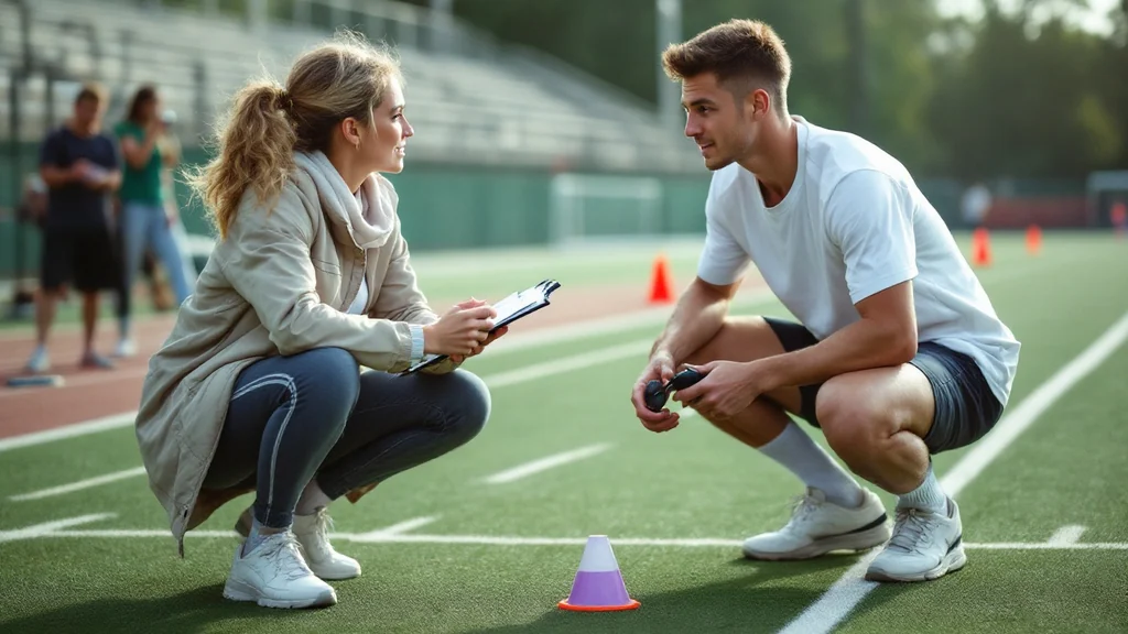 A female coach with clipboard crouches facing a male athlete holding a stopwatch on an outdoor turf track lined with agility cones.