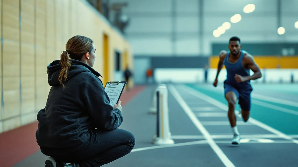 A coach crouches trackside with a clipboard, observing a male sprinter running at full speed on an indoor athletics track.