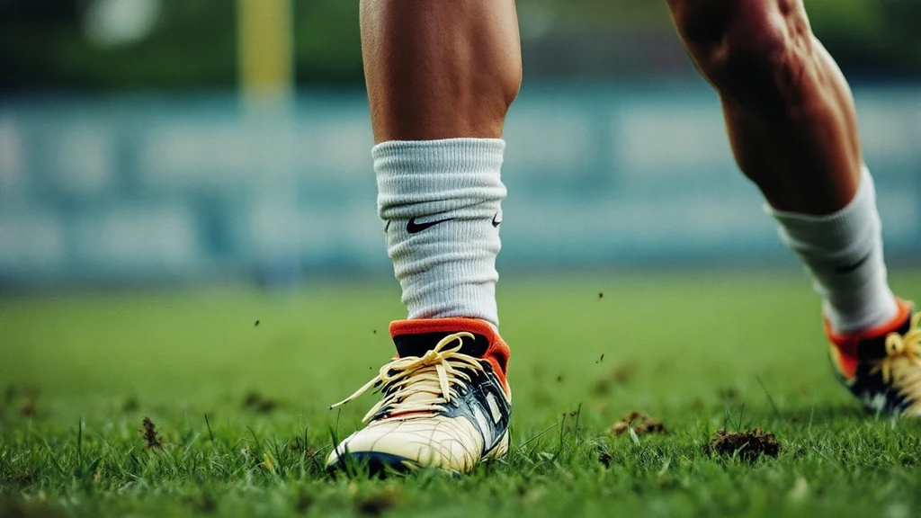 Muscular lower legs of an athlete in Nike crew socks and cleats mid-stride on a grass sports field.