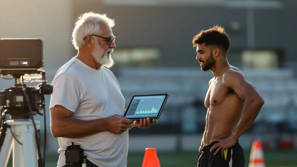 Older coach reviews performance data on a tablet with a shirtless male athlete on an outdoor track lined with orange cones.