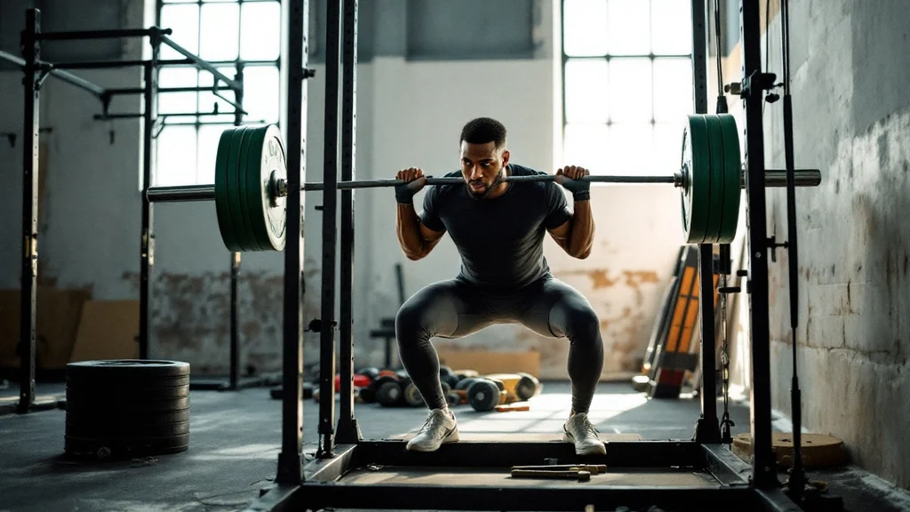 Muscular man performs a barbell back squat at parallel depth inside a power rack in a raw industrial gym.