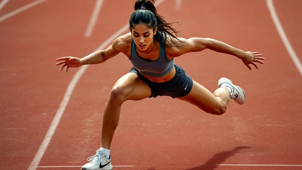 Female sprinter in a lateral bound mid-stride on a red running track, arms extended wide for balance, wearing a gray sports bra and Nike shorts.