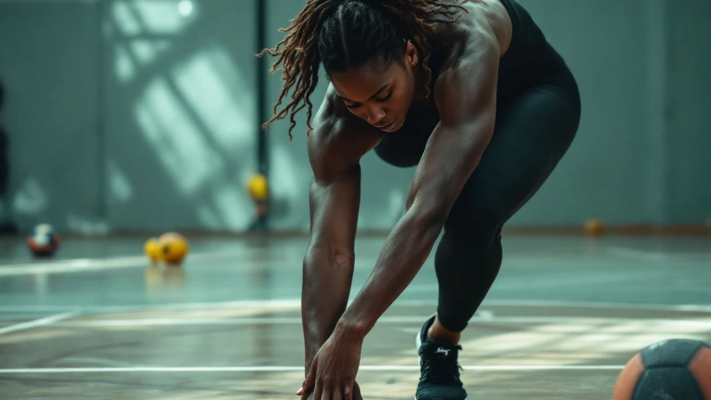 Muscular woman in black athletic wear performs a standing toe-touch stretch on a gym court, medicine balls scattered in the background.
