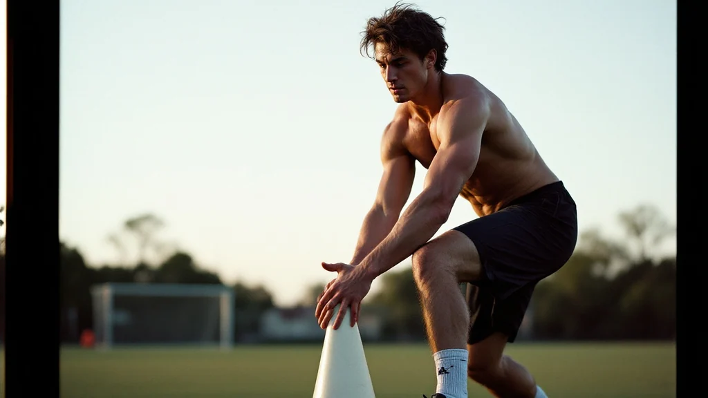 Shirtless male athlete in a low athletic stance touching a training cone on a grass field during agility drills at sunset.