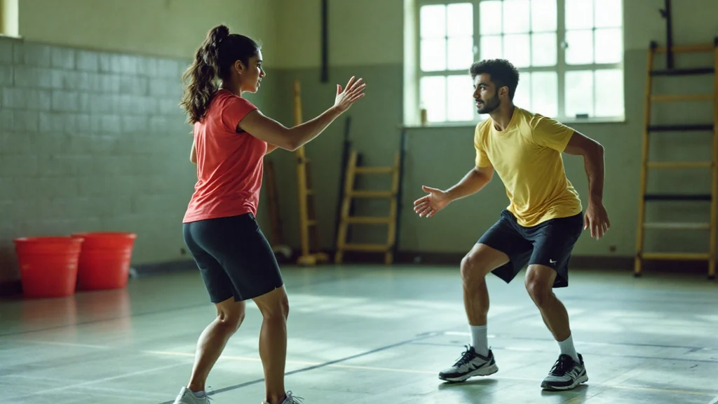 Two athletes practice defensive footwork and agility drills facing each other in an indoor gymnasium with wooden ladder equipment behind them.