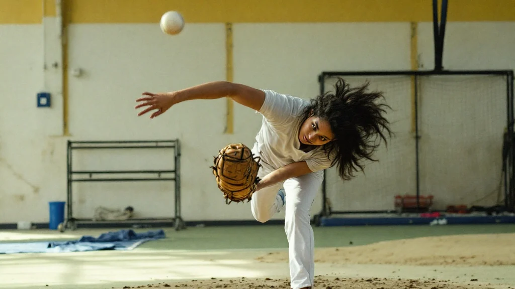 Female pitcher in full follow-through release, wearing a baseball glove, ball mid-air, training on a dirt mound inside an indoor facility.