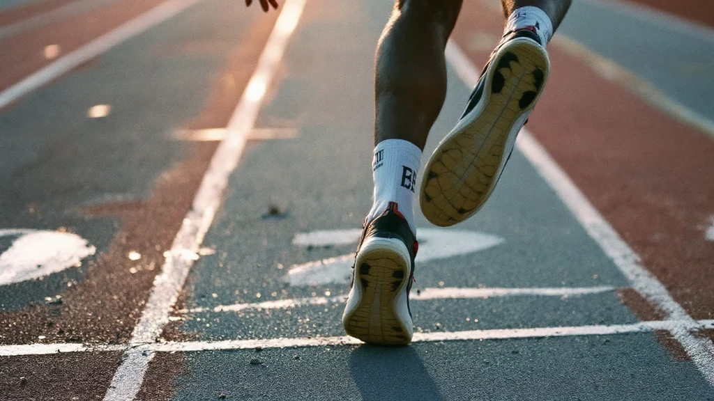 Close-up of a sprinter's legs mid-stride on a red athletics track, wearing racing spikes and white crew socks at golden hour.